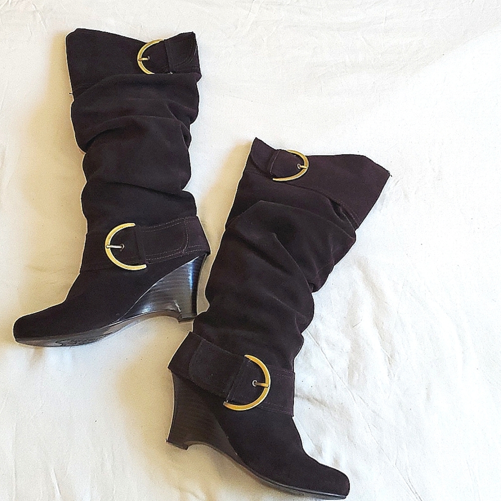 Women’s Naughty Monkey slouch boots wedge heel. Brown suede. NEW, never worn.